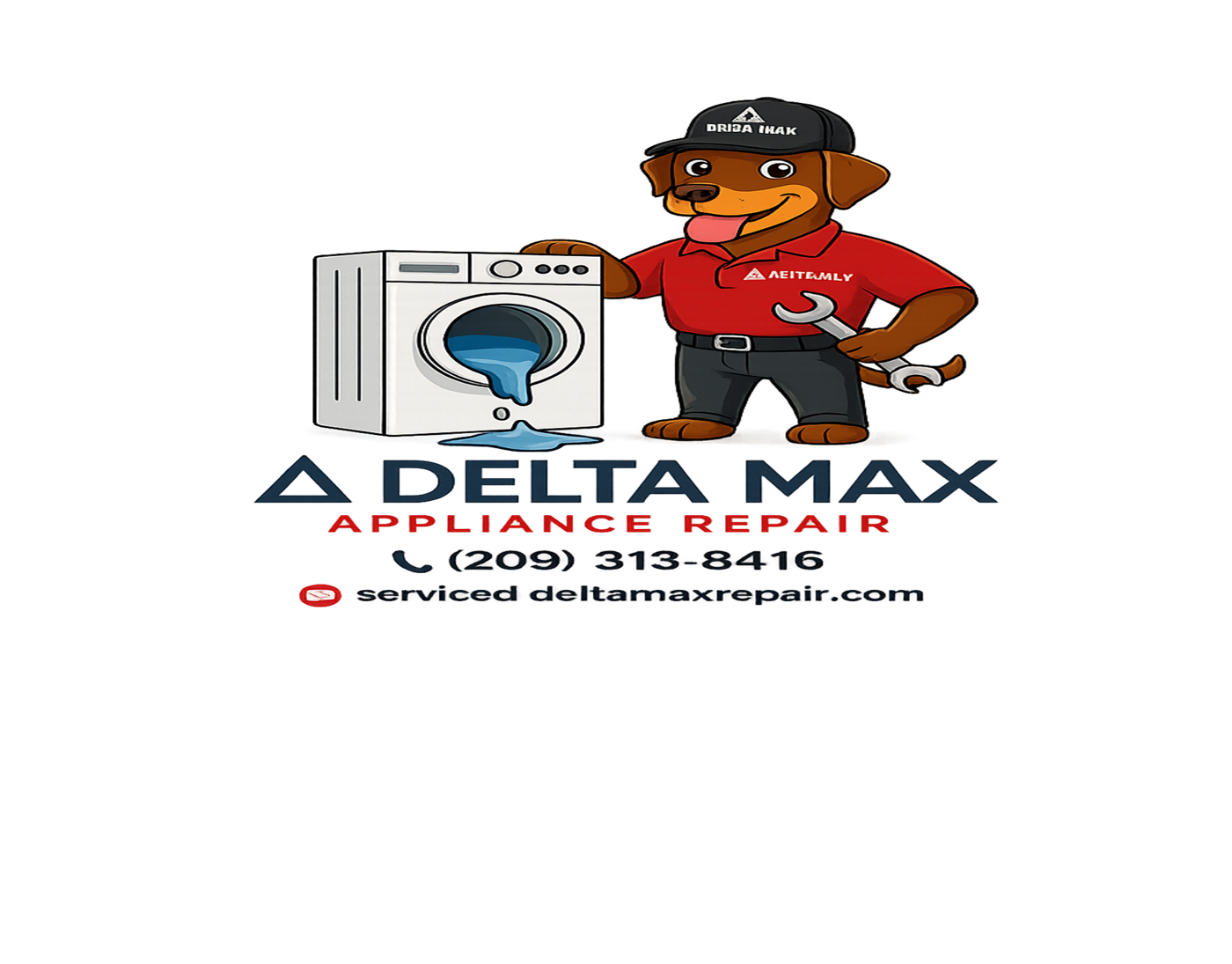 Delta Max dog mascot with washing machine